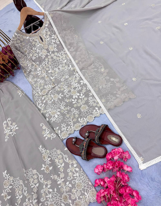 Luxury Grey Party Look Heavy Faux Georgette Plazzo Style Set