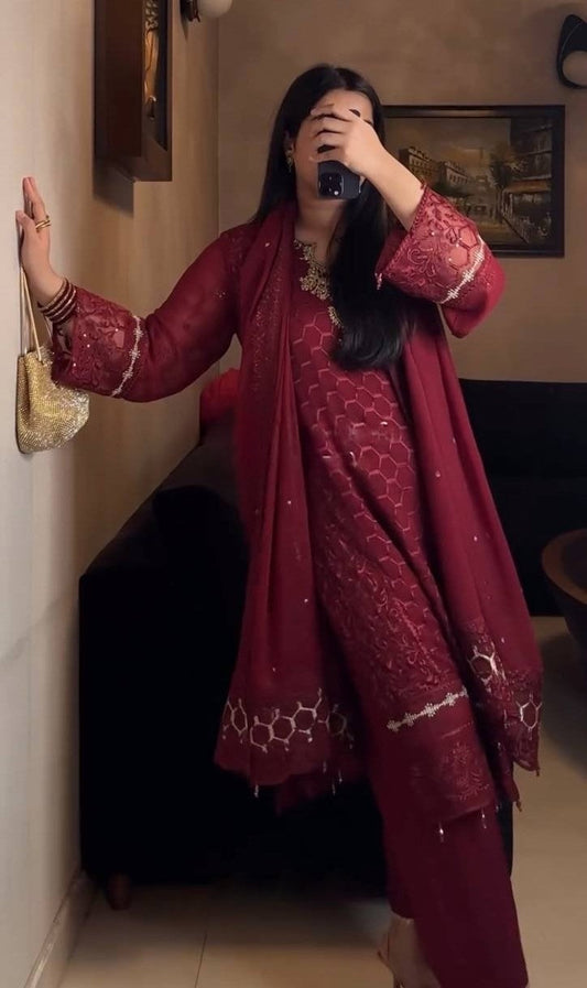 Premium Designer Pink Partywear Faux Georgette Top, Palazzo & Dupatta Set