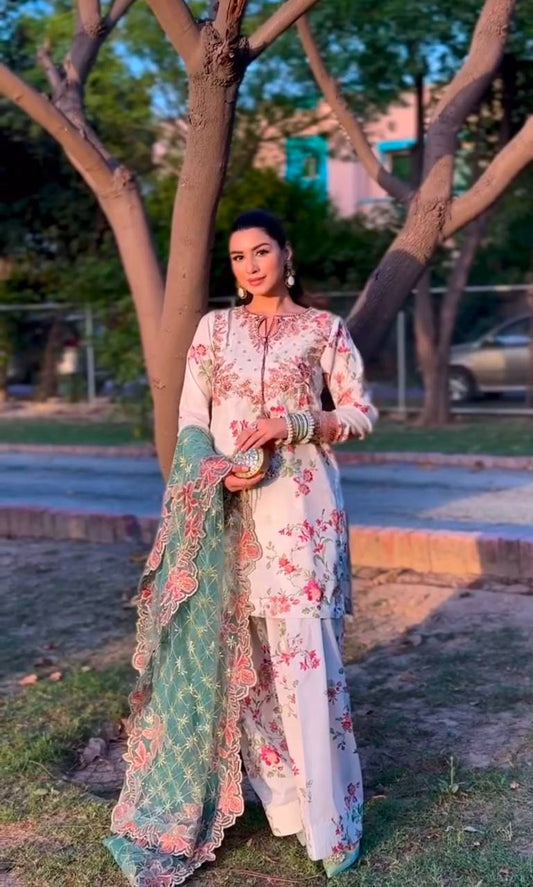 Chic Party Wear Ensemble Top with Farshi Plazzo in Heavy Printed Modal Silk and Sequin Embroidery