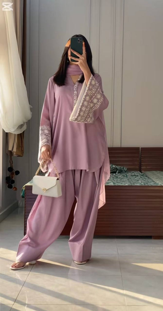 Designer Party Wear Top with Farshi Plazzo in Light Pink Natural Satin with Elegant Embroidery
