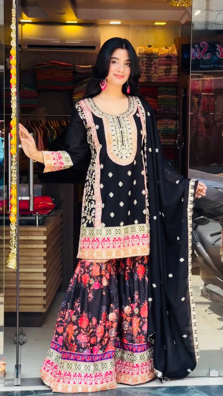 Stylish Party Look Black Designer Top and Palazzo with Coordinated Dupatta