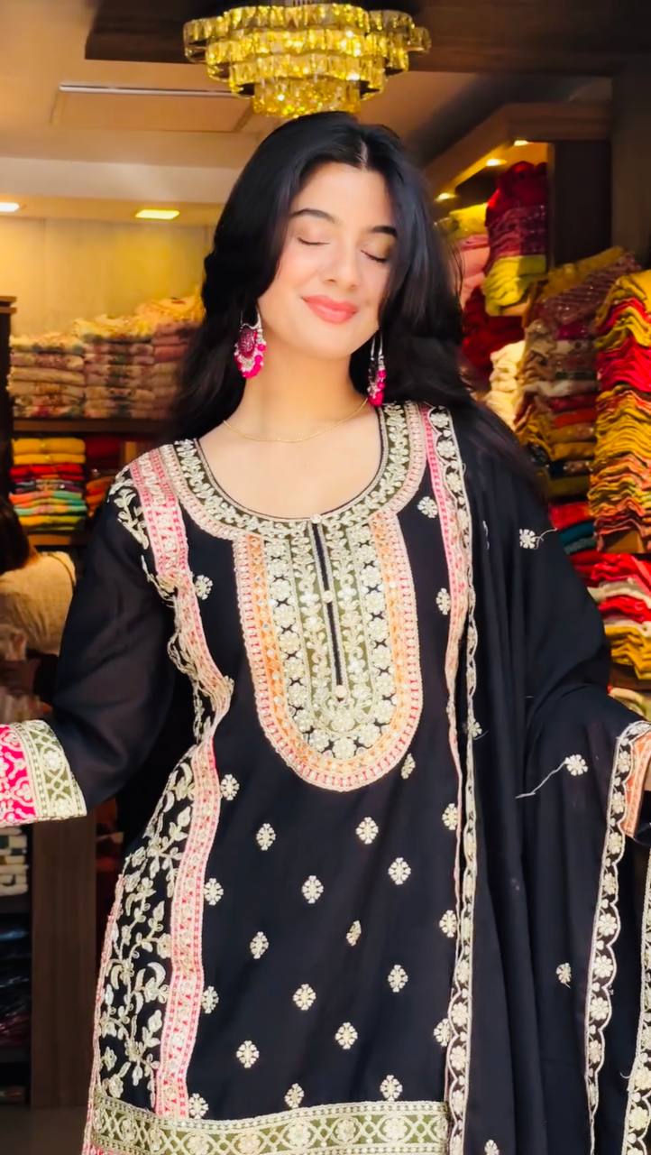 Stylish Party Look Black Designer Top and Palazzo with Coordinated Dupatta