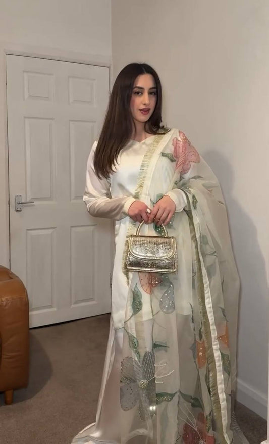 Heavy Japan Satin Silk Top with Sleeves and Coordinated Farshi Plazzo