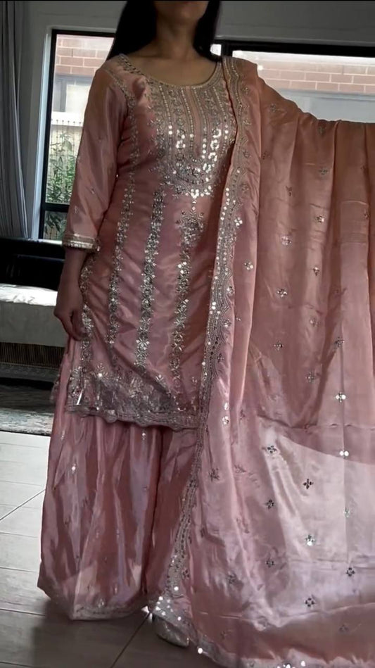 Party Wear Heavy Chinnon Silk Suit Set with Sharara and Embroidered Dupatta