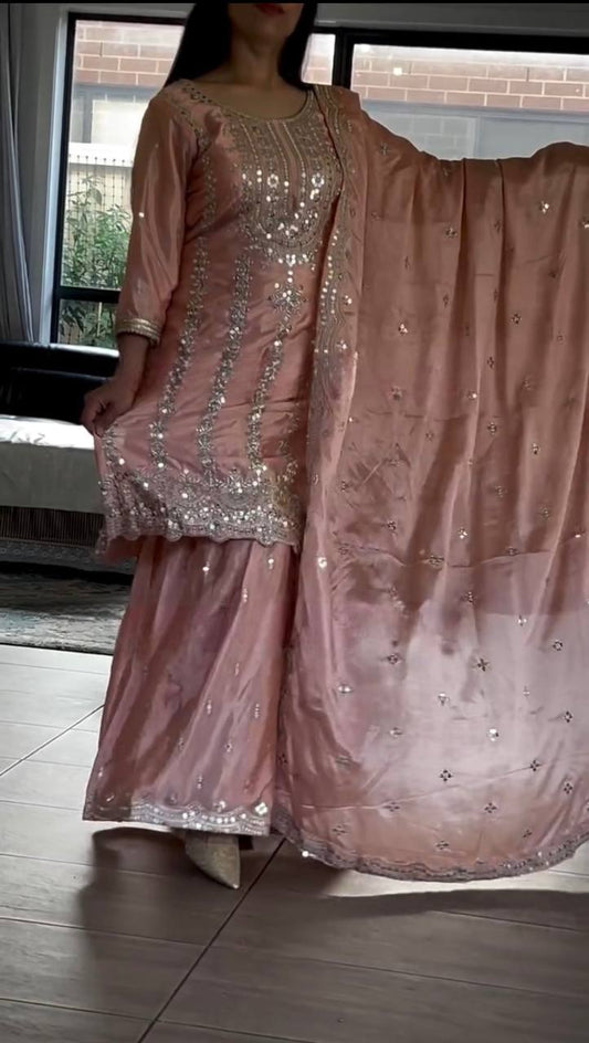 Party Wear Heavy Chinnon Silk Suit Set with Sharara and Embroidered Dupatta