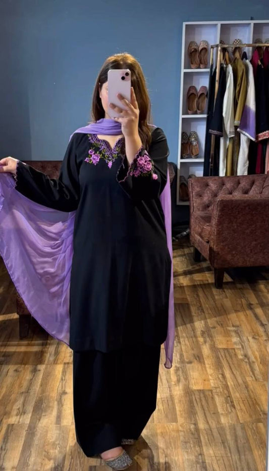 Black Designer Embroidered Rayon Silk Top with Farshi Plazzo for Evening Wear