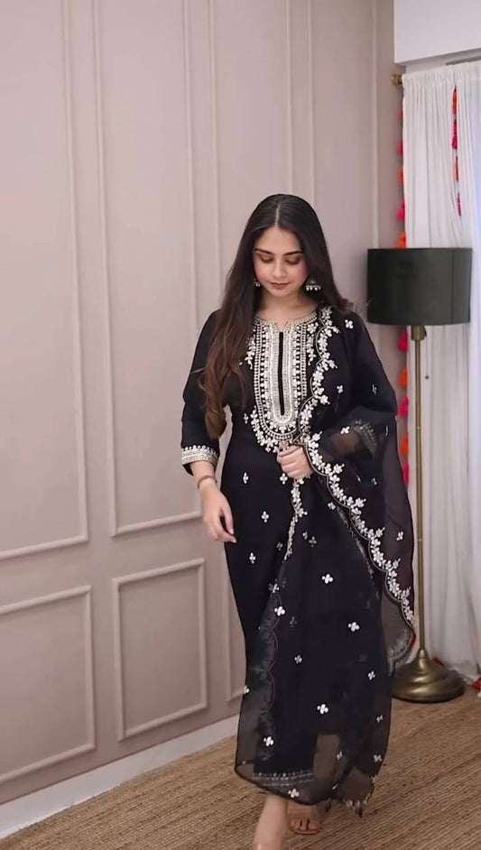 Stylish Black Three Piece Suit with Handcrafted Embroidery and Sequin Accents