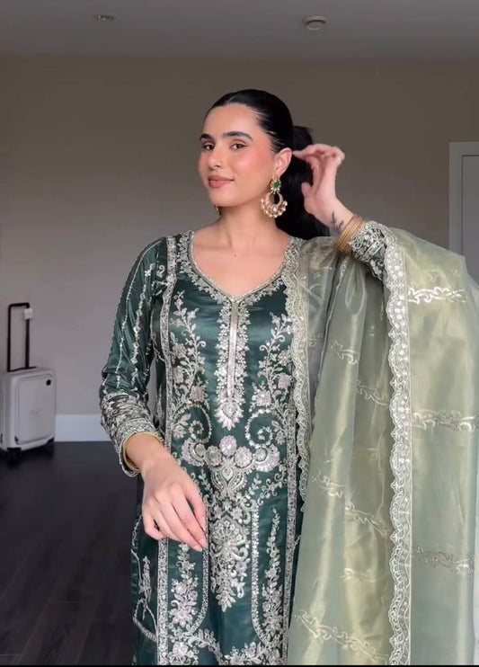 Premium Party Wear Chinnon Silk Top and Pant with Heavy Embroidery and Organza Dupatta