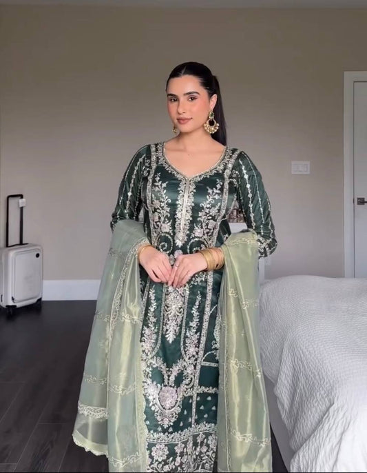 Premium Party Wear Chinnon Silk Top and Pant with Heavy Embroidery and Organza Dupatta