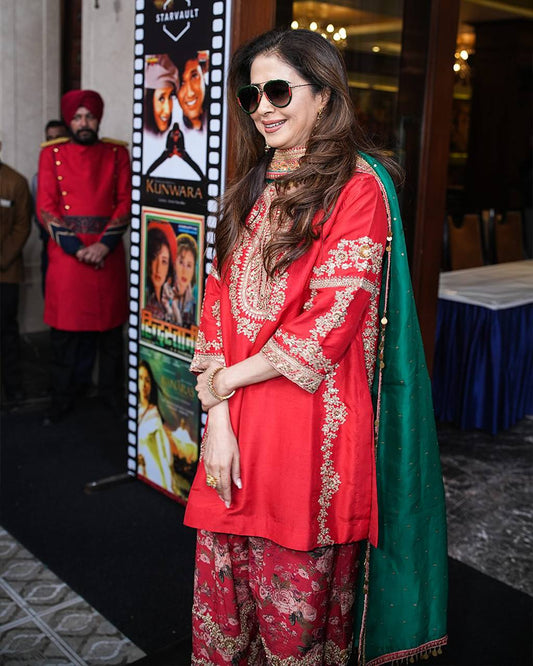 Elegant Designer Look: Heavy Malay Silk Top with Zari & Sequence Embroidery Paired with Farshi Salwar