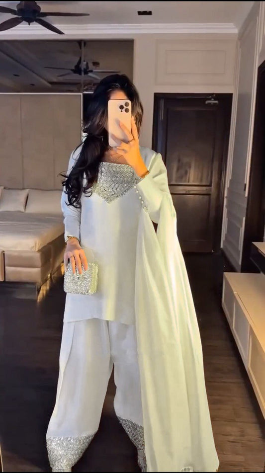 Pure White Chinon Silk Ensemble with Flared Palazzo and Graceful Dupatta