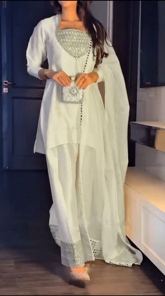 Pure White Chinon Silk Ensemble with Flared Palazzo and Graceful Dupatta