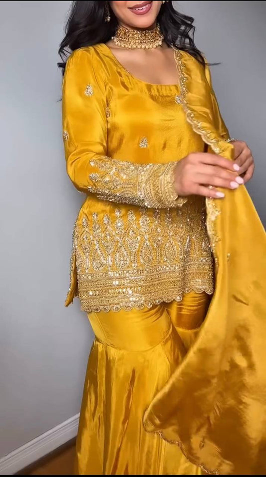 Designer Yellow Natural Crepe Silk Top with Heavy 5mm Embroidery, Full Sleeve & Latkan Dori Sarara Plazzo Dupatta Set