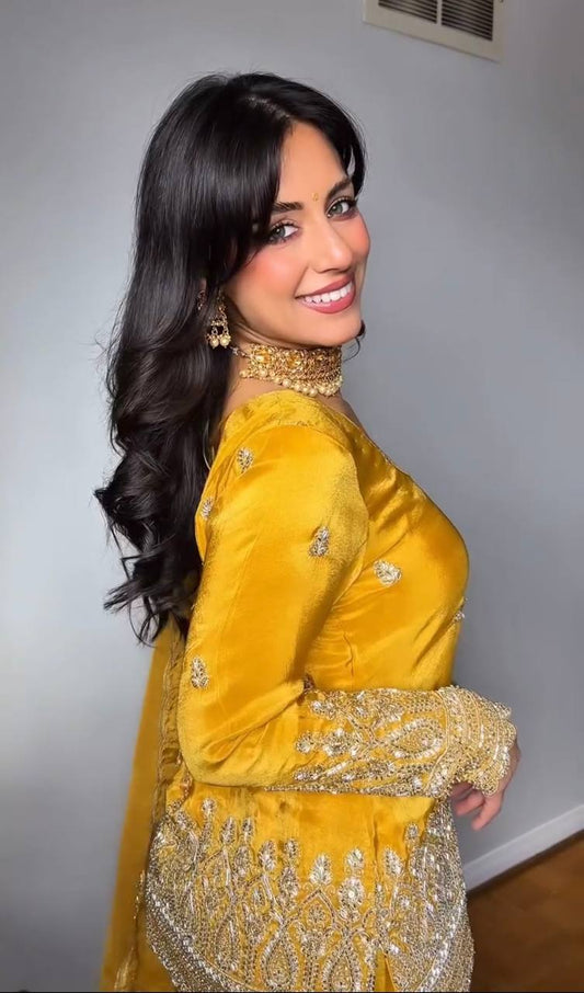 Designer Yellow Natural Crepe Silk Top with Heavy 5mm Embroidery, Full Sleeve & Latkan Dori Sarara Plazzo Dupatta Set