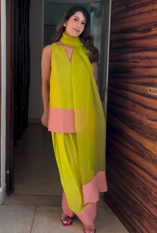 Elegant Party Wear Natural Crepe Silk Top and Farshi Palazzo with Extra Sleeve Fabric