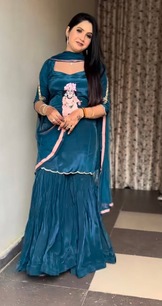 Natural Crepe Party Wear Ensemble with Embroidered Top, Flared Sharara & Dupatta