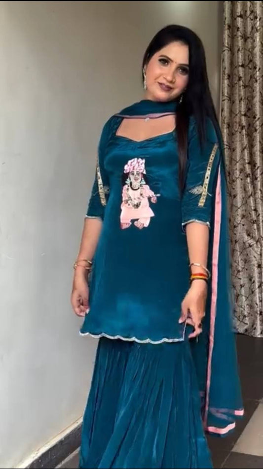 Natural Crepe Party Wear Ensemble with Embroidered Top, Flared Sharara & Dupatta