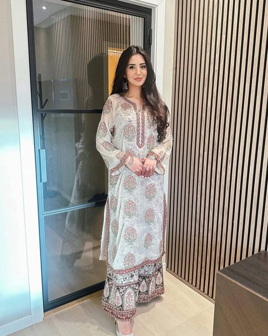 Designer Faux Georgette Top and France Crepe Plazzo Set with Embroidery & Sequence Work