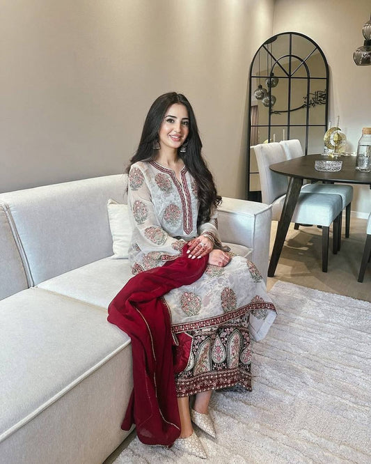 Designer Faux Georgette Top and France Crepe Plazzo Set with Embroidery & Sequence Work