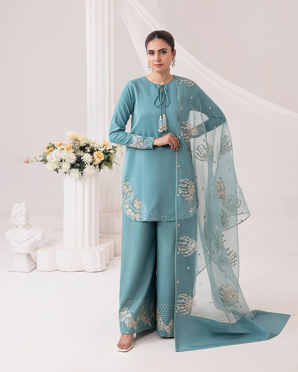 Designer Natural Crepe Farshi Palazzo Set with Bidas Val Moti & 3mm Sequence Embroidery