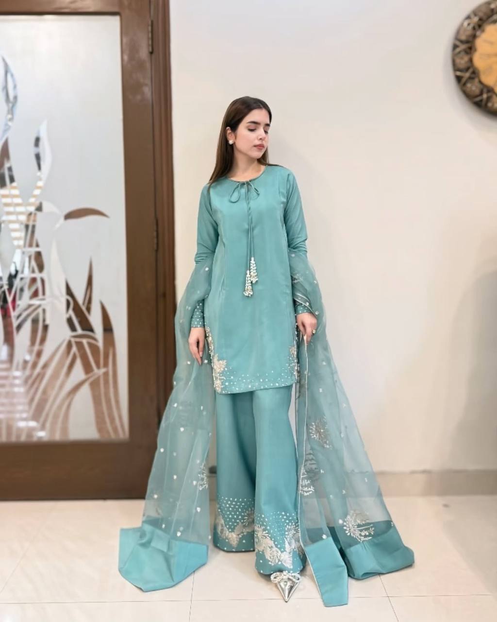 Designer Natural Crepe Farshi Palazzo Set with Bidas Val Moti & 3mm Sequence Embroidery