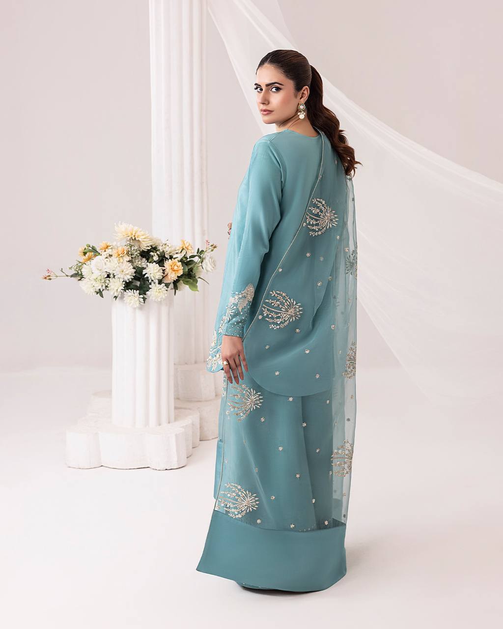 Designer Natural Crepe Farshi Palazzo Set with Bidas Val Moti & 3mm Sequence Embroidery