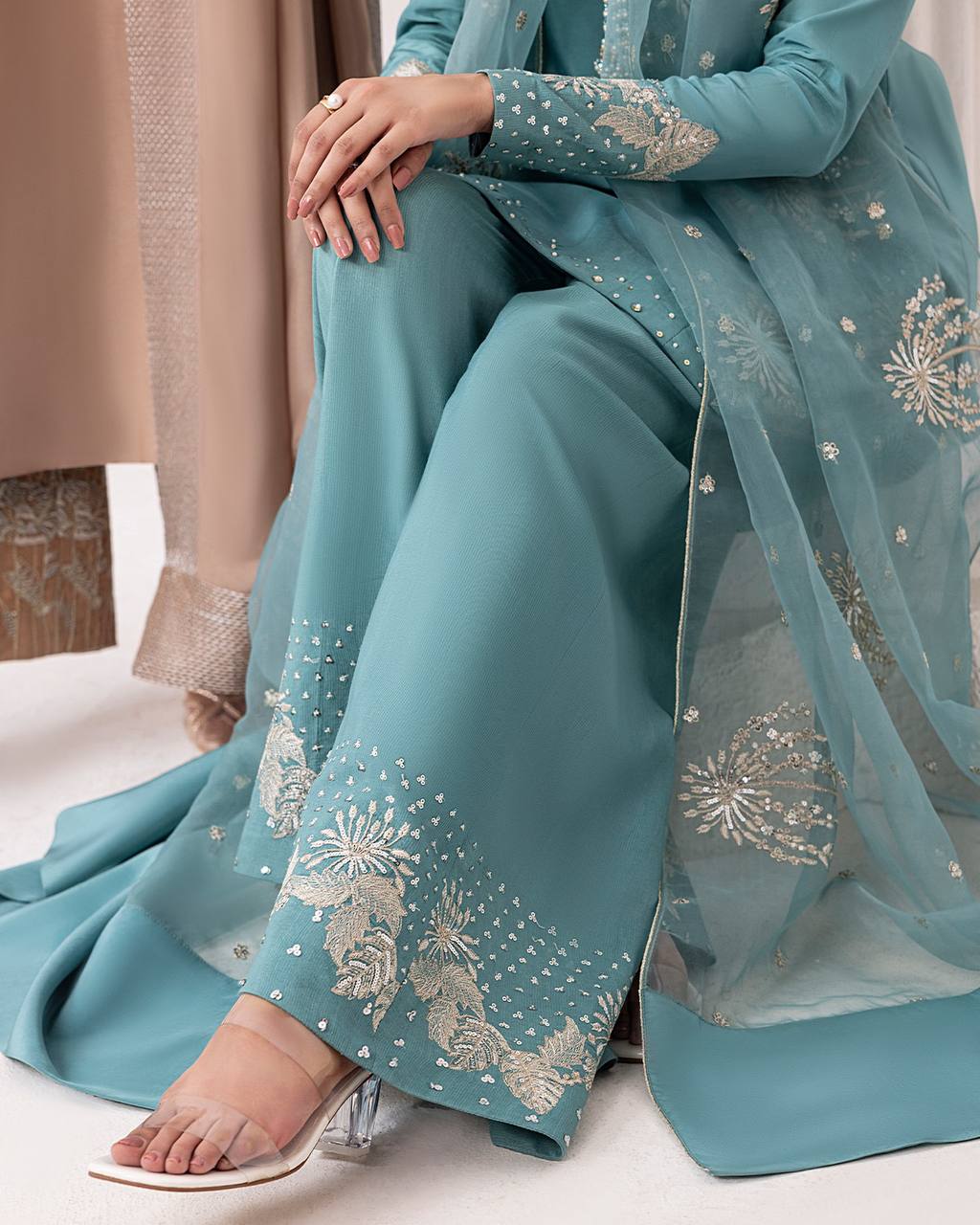 Designer Natural Crepe Farshi Palazzo Set with Bidas Val Moti & 3mm Sequence Embroidery