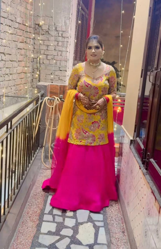 Zari and Sequin Embellished Top with Malay Silk Lehenga & Digital Print Dupatta