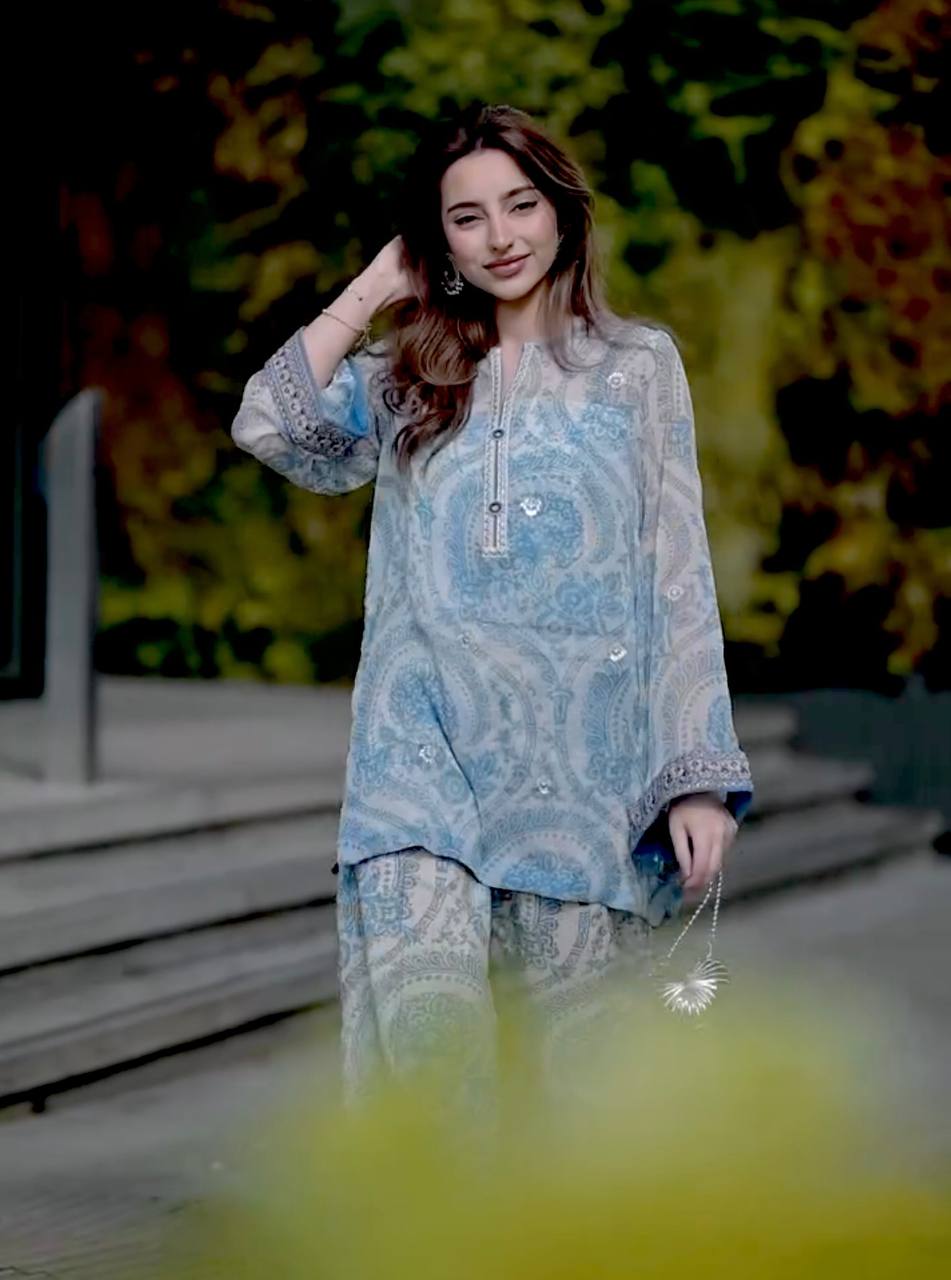 Designer Digital Print Farshi Palazzo Set in Pure Siffon Georgette with Embroidered Dupatta
