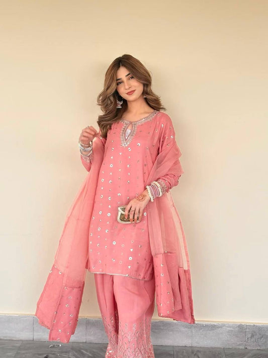 Party Wear Heavy Chinnon Silk Top and Farshi Salwar with Multi-Needle and Zari Work