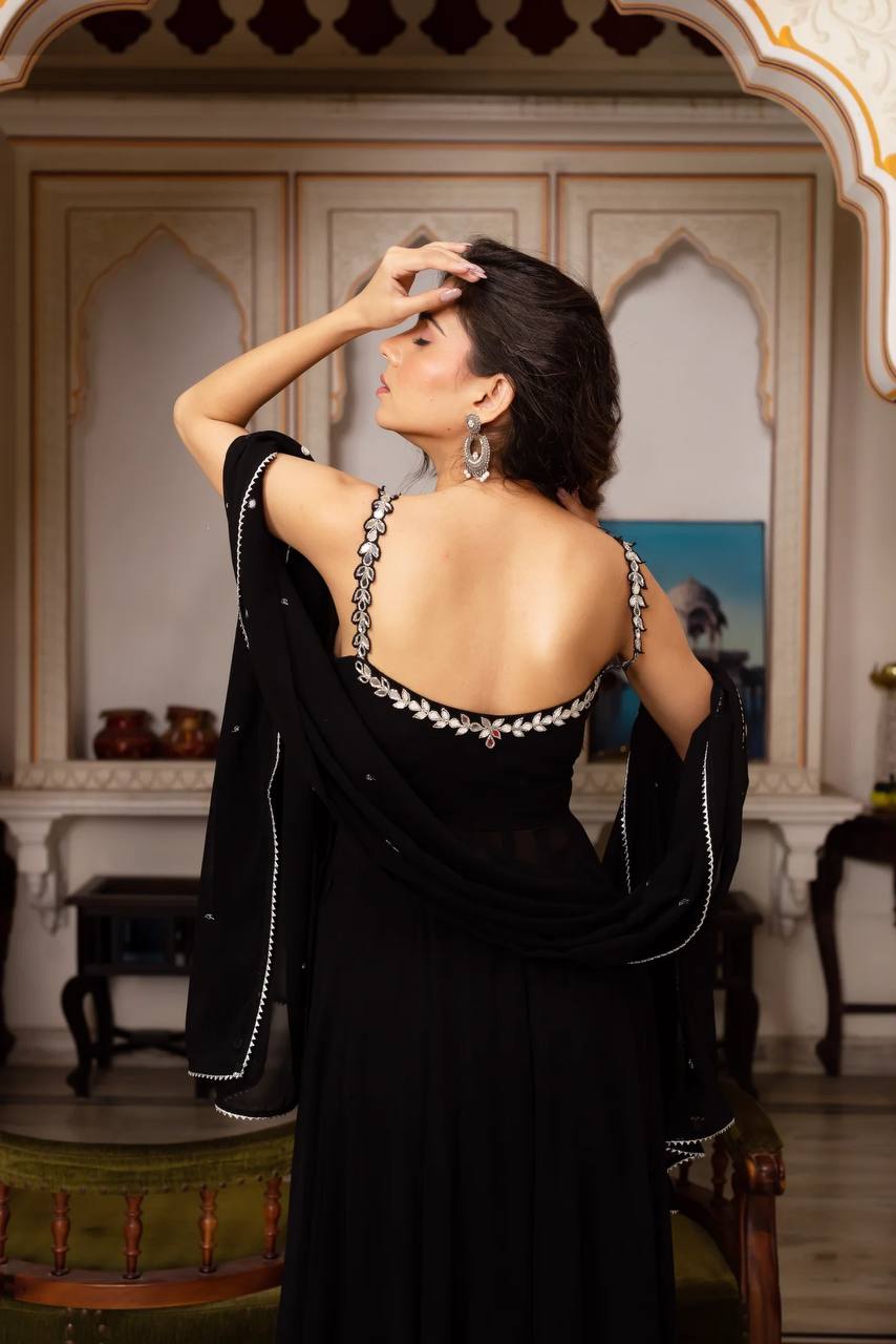 Handcrafted Gown and Pant Set with Micro Inner and Lace-Bordered Dupatta in Faux Georgette