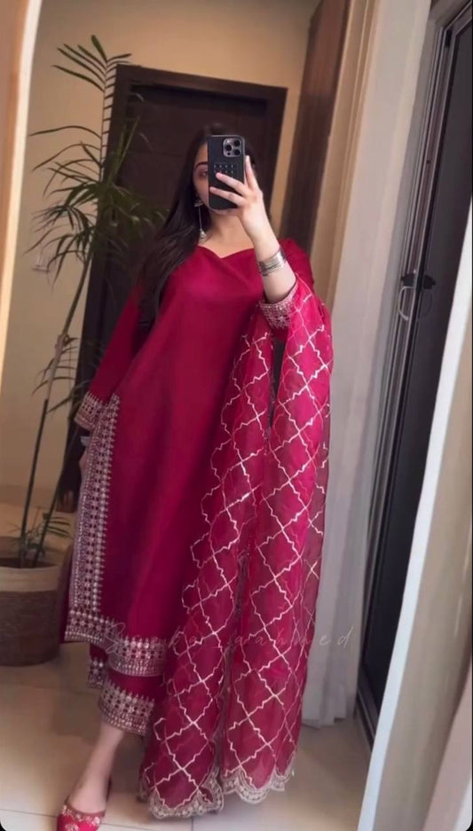 Elegant Embroidered Long Pakistani Suit in Malay Satin Silk with Ready-Made Lace Borders