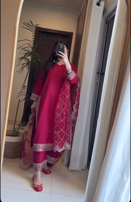 Elegant Embroidered Long Pakistani Suit in Malay Satin Silk with Ready-Made Lace Borders