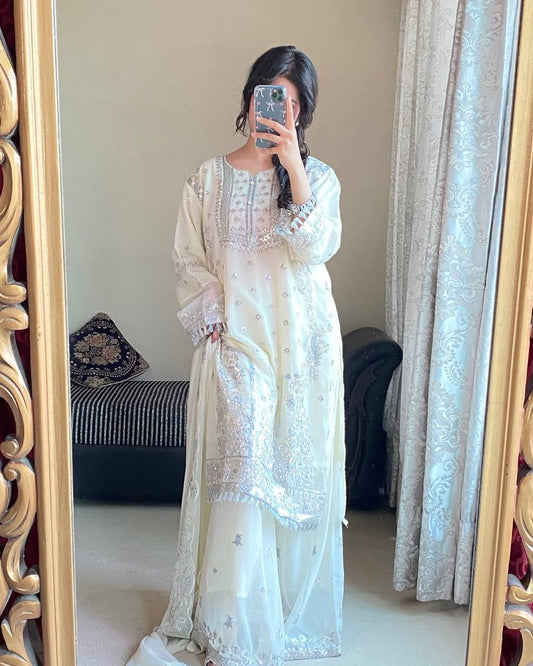 Fancy Party Wear Georgette Top and Palazzo with Hand Embroidery and Sequence Dupatta