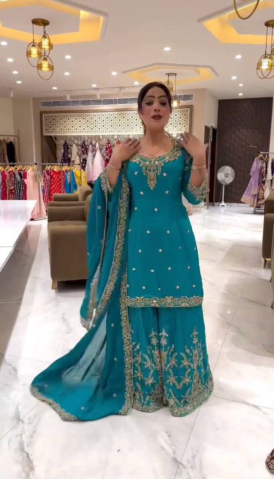 Partywear Sharara Ensemble with Moti Embroidery and Border Detailing