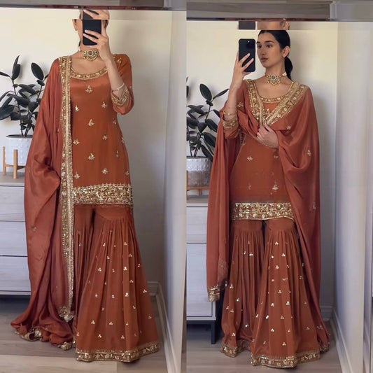 Designer Ethnic Sharara Suit in Crepe with Sequence Work and Latkan Dori