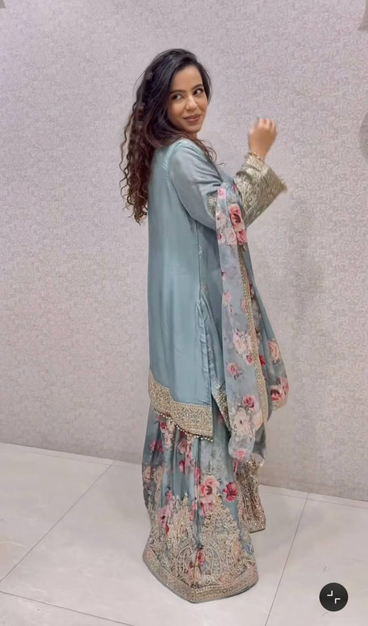 Embroidered Chinon Silk Set with Latkan, Tassels & Printed Dupatta