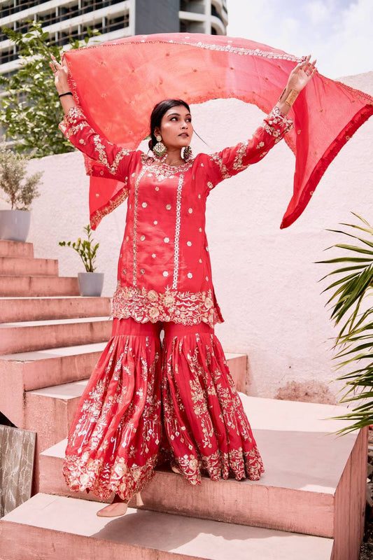 Elegant Pure Chinon Silk Sharara Set with Full Sleeve Embroidered Top and Coordinated Dupatta