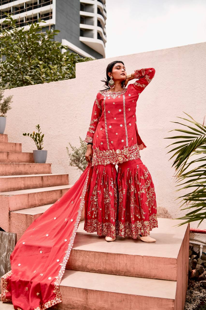 Elegant Pure Chinon Silk Sharara Set with Full Sleeve Embroidered Top and Coordinated Dupatta