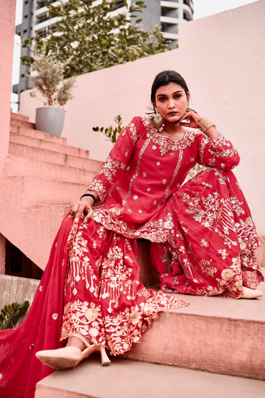 Elegant Pure Chinon Silk Sharara Set with Full Sleeve Embroidered Top and Coordinated Dupatta