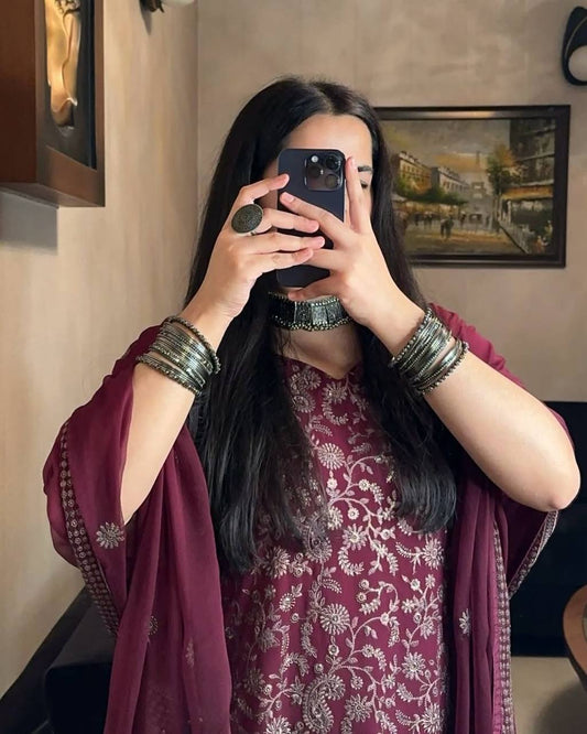 Fancy Ready-to-Wear Sequence Embroidered Faux Georgette Top and Bottom with Dupatta