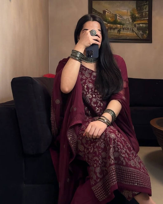 Fancy Ready-to-Wear Sequence Embroidered Faux Georgette Top and Bottom with Dupatta