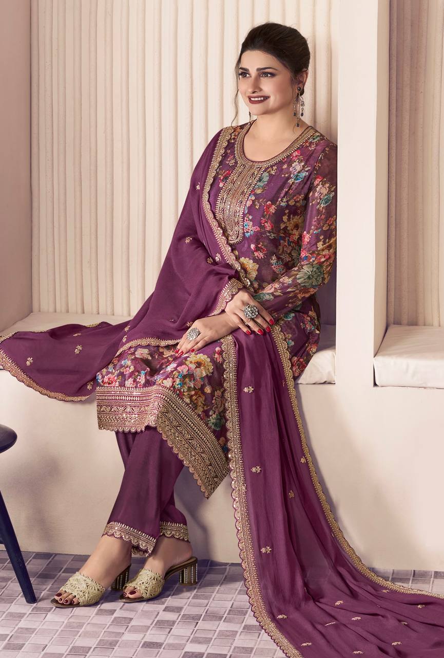 Premium Chinon Silk Digital Print Top and Pant Set with Both Side Embroidery & Lace Border Dupatta