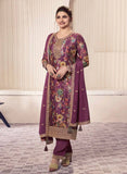 Premium Chinon Silk Digital Print Top and Pant Set with Both Side Embroidery & Lace Border Dupatta