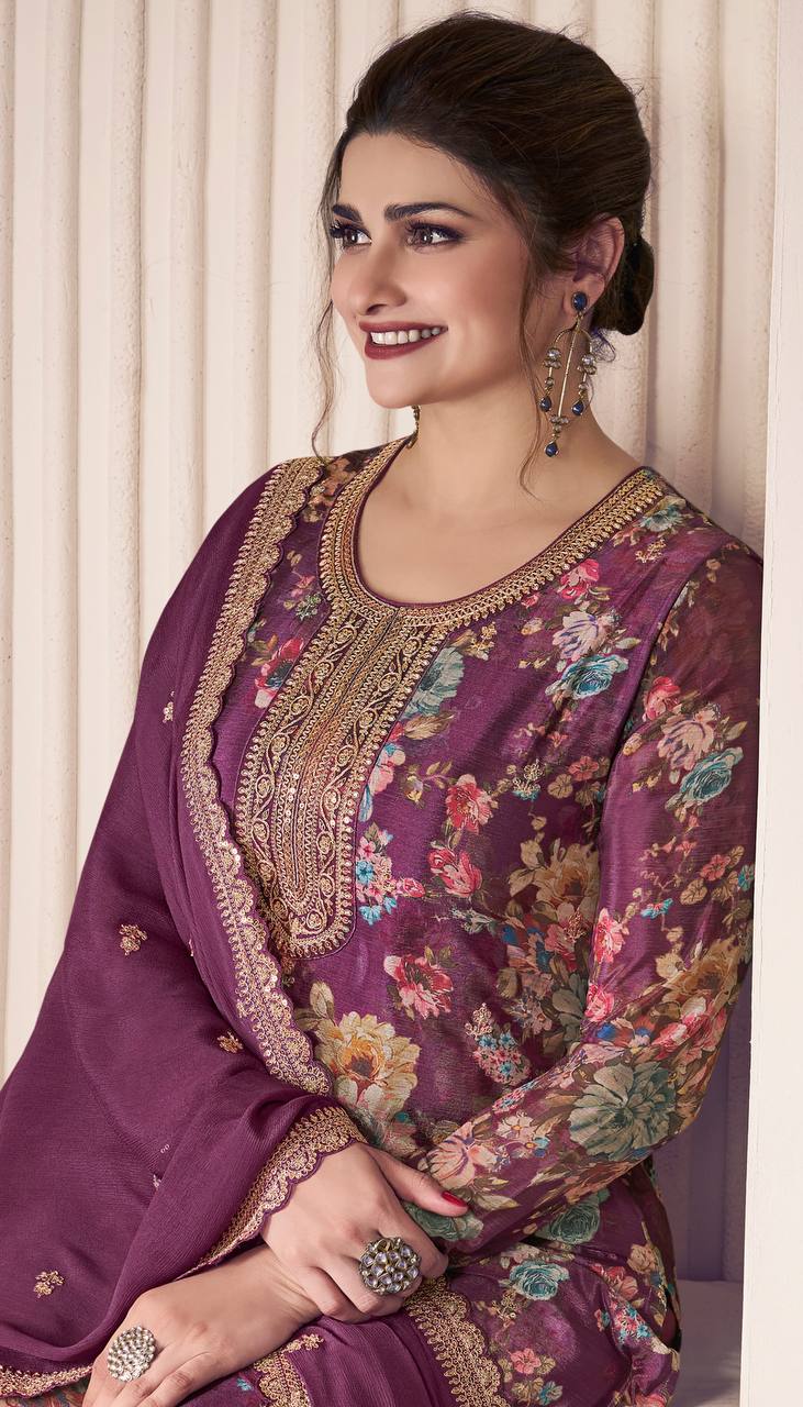 Premium Chinon Silk Digital Print Top and Pant Set with Both Side Embroidery & Lace Border Dupatta