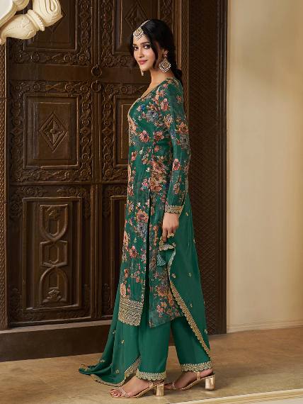 Premium Chinon Silk Digital Print Top and Pant Set with Both Side Embroidery & Lace Border Dupatta
