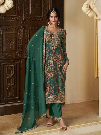 Premium Chinon Silk Digital Print Top and Pant Set with Both Side Embroidery & Lace Border Dupatta