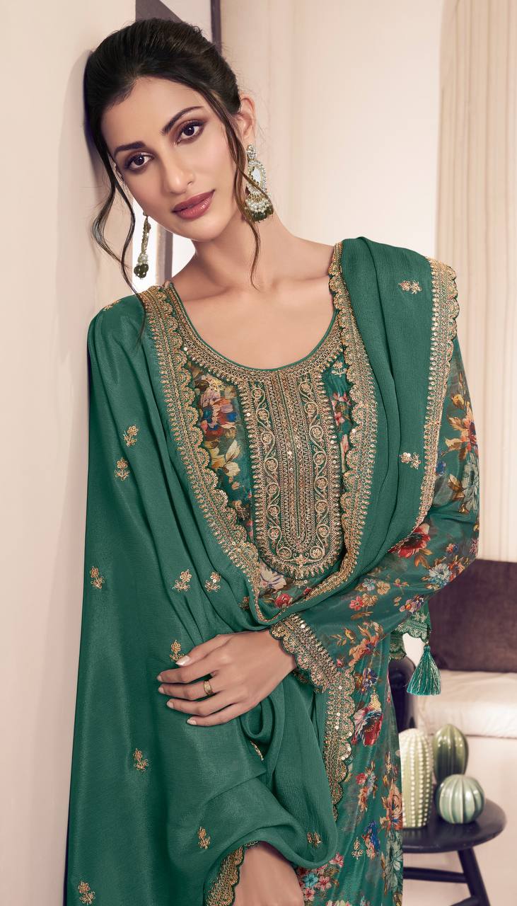 Premium Chinon Silk Digital Print Top and Pant Set with Both Side Embroidery & Lace Border Dupatta