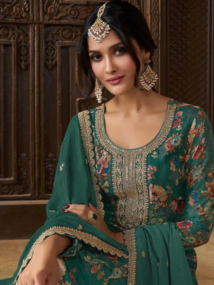 Premium Chinon Silk Digital Print Top and Pant Set with Both Side Embroidery & Lace Border Dupatta