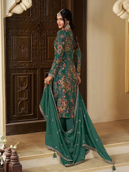 Premium Chinon Silk Digital Print Top and Pant Set with Both Side Embroidery & Lace Border Dupatta